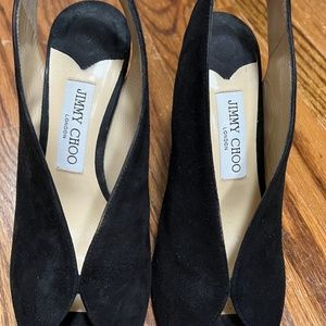 Jimmy Choo Black Shar Peep Toe Slingback Pump Suede 38  Sandals